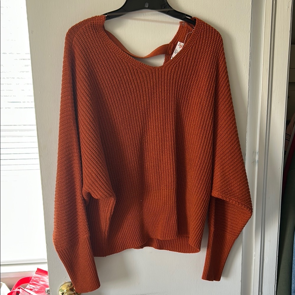 Macy's Orange Crew Neck Sweater with Ribbed Knit Texture